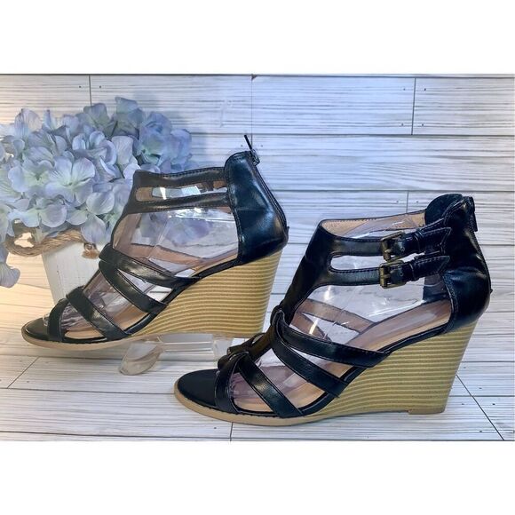 Attention Black Faux Leather Strappy Gladiator Platform Wedge Sandals S:9 - Picture 2 of 9
